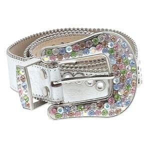 B.B. SIMON Crayola leather Swarovski Crystal silver bling statement belt Size XL